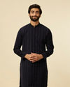 alt message - Manyavar Men Dark Blue Striped Patterned Kurta image number 0